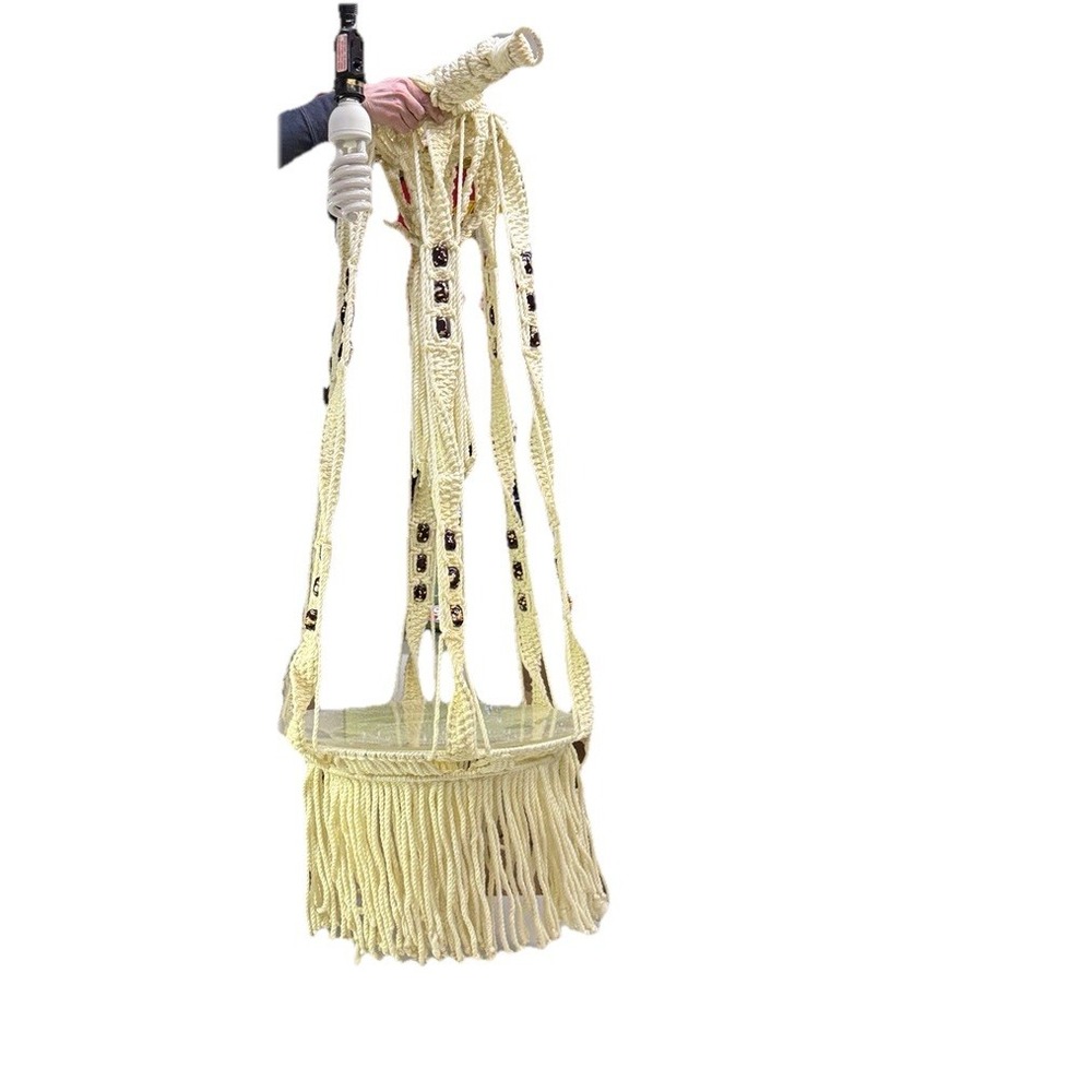 Vintage XL Macrame Hanging table & plant Hanger Retro Boho 70s Cream 88"